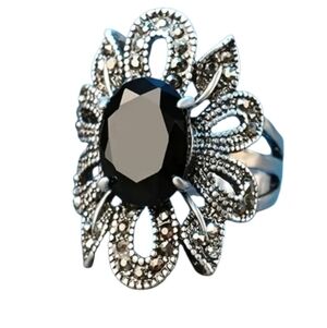 Silvertone and Black Marcasite Statement Ring